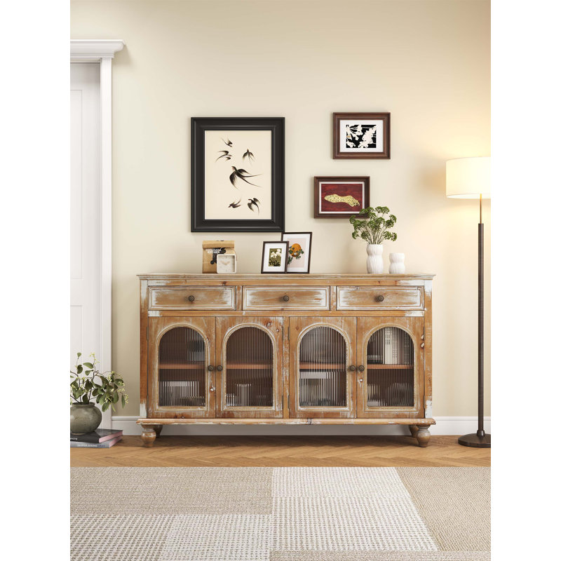 Buffet rustique avec 3 tiroirs et 4 portes vitrées, espace de rangement spacieux pour la cuisine et la salle à manger