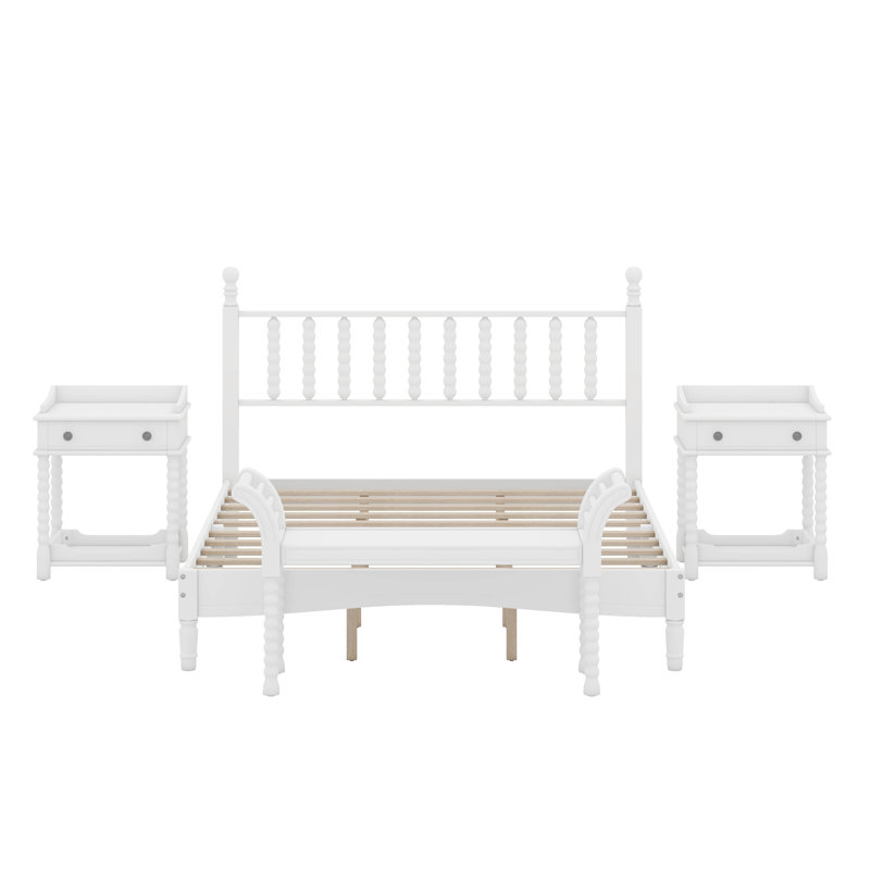 Ensemble de chambre à coucher de style rétro avec 4 pièces, grand lit plateforme avec tête de lit en forme de gourde, table de chevet et banc
