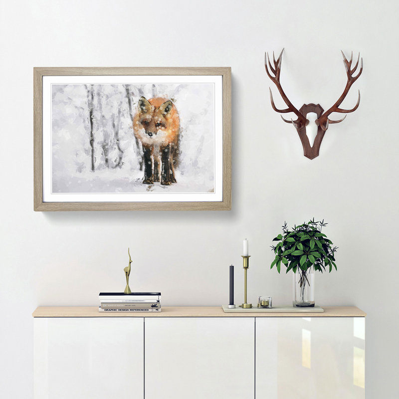 Red Fox in a Winter Forest in Abstract - Picture Frame Painting Print on MDF, 36cm H x 48cm W x 2cm D, Oak Framed