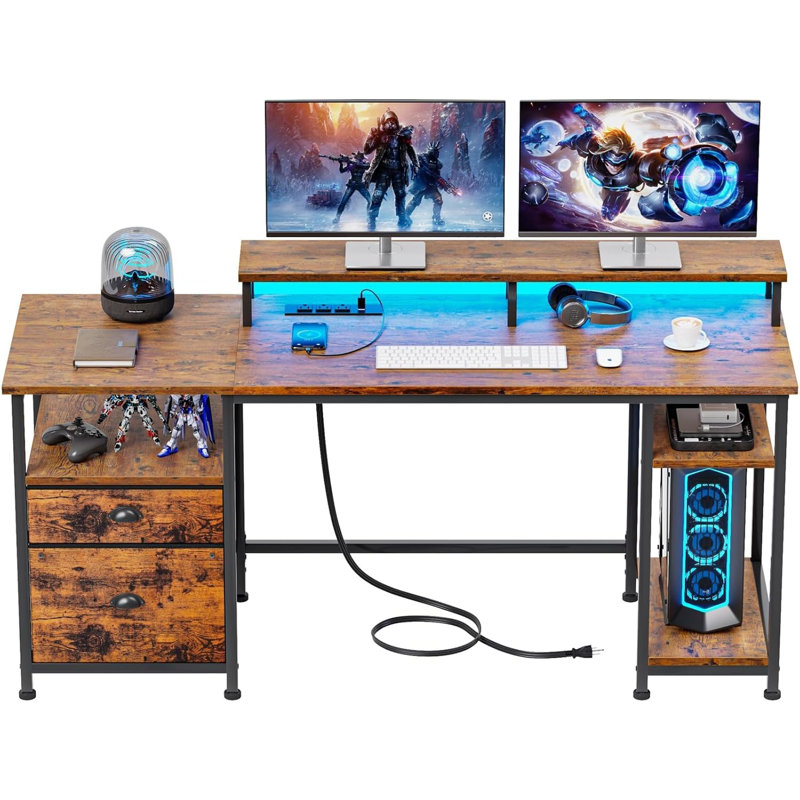 61" Desk With LED Light & Power Outlets, Reversible Computer Table With File Cabinet & Drawer, White Gaming Desk Writing Table With Dual Monitor Stand, For Home/Office