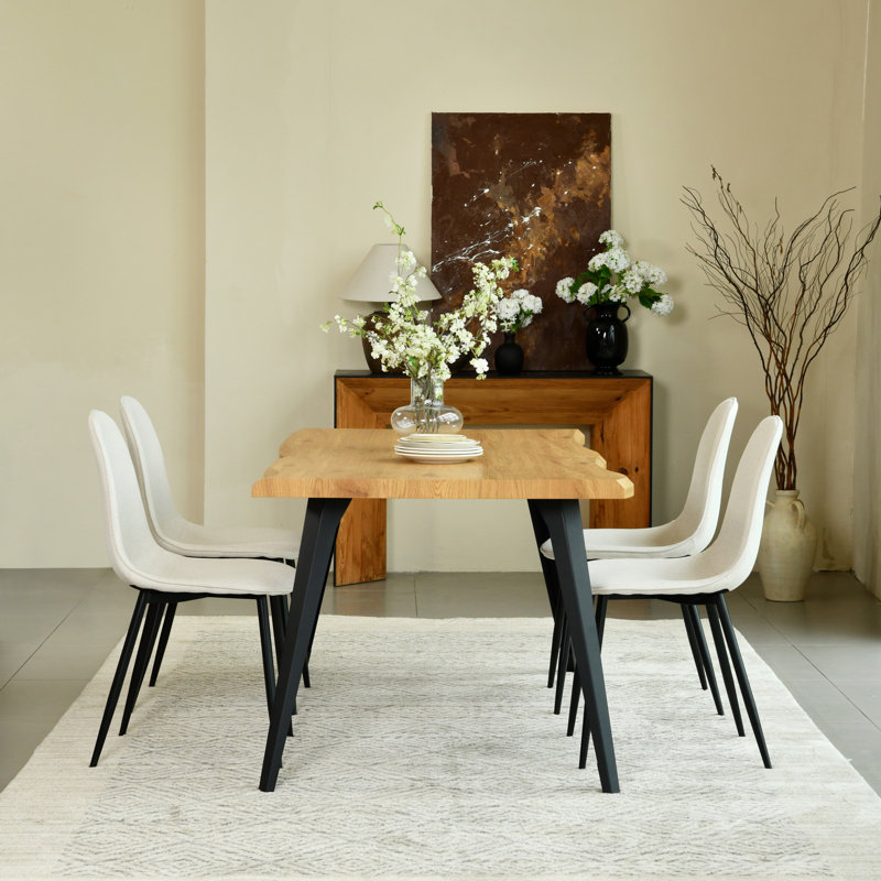Shivani 5-Piece Modern Dining Set With Rectangular Wood Grain Table And 4 Upholstered Dining Chairs, Natural, Beige