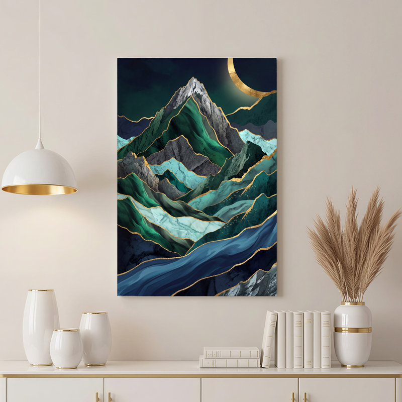 Art mural sur toile vert et bleu avec montagnes en marbre, 24"H x 16"W