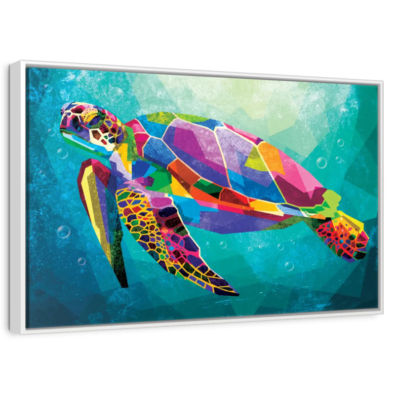 Tortue arc-en-ciel géométrique, Cadre flottant blanc, 43 po x 29 po