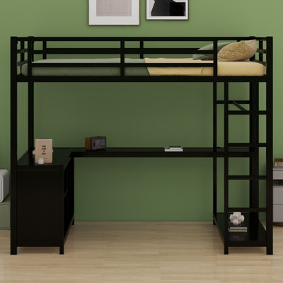 Metal Loft Bed With Storage Cubes And Shelves, Wardrobe And L-Shaped Desk