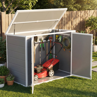 Abri de jardin horizontal en résine, armoire de rangement résistante aux intempéries avec double porte verrouillable et toit relevable hydraulique, rangement extérieur pour poubelles, outils de jardin, coussins de terrasse