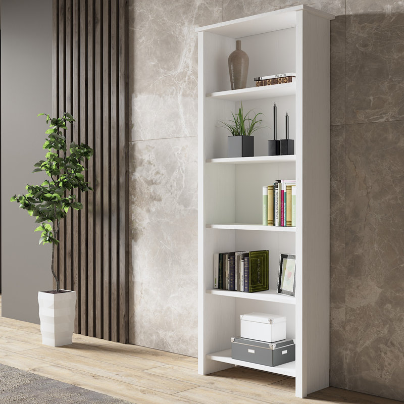 Bibliothèque moderne avec poignée en métal, finition blanche et bois, 25,6 po x 67,0 po x 9,8 po | Panneau 100% aggloméré avec cadre en panneau de fibres à densité moyenne, hauteur des pieds 15,0 pouces | Nombreuses tablettes, conception murale, solution de rangement élégante pour la maison et le bureau