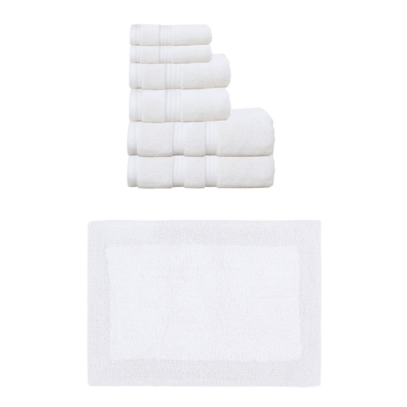 Buariki Collection 100% Soft Cotton Bath Towel Set & 1 Pc Bath Rug, Reversible, White