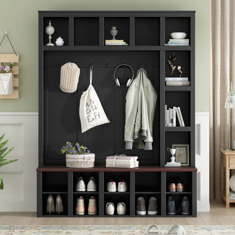 Hall Tree with 6 Hooks,Storage Bench with Adjustable Shelves, 4-in-1 Entryway Shoe Cabinet with 13 Cubbies, Black
