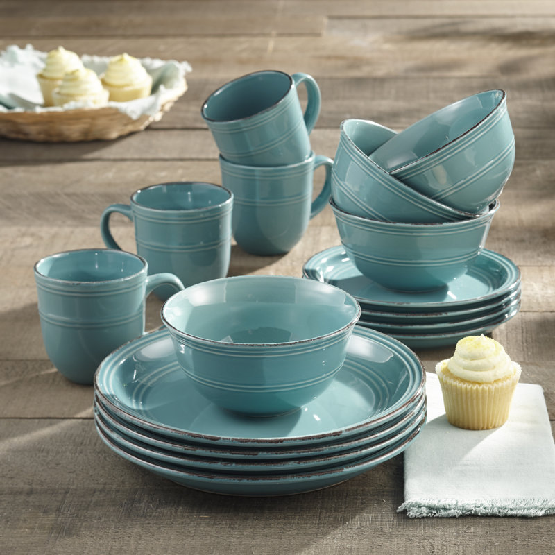 Annabelle 16 Piece Stoneware Dinnerware Set - Service for 4, Aqua Blue