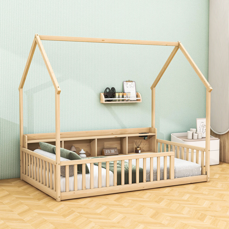 Lit en bois avec tablettes, éclairage DEL, USB et station de charge de type C, Twin, Natural