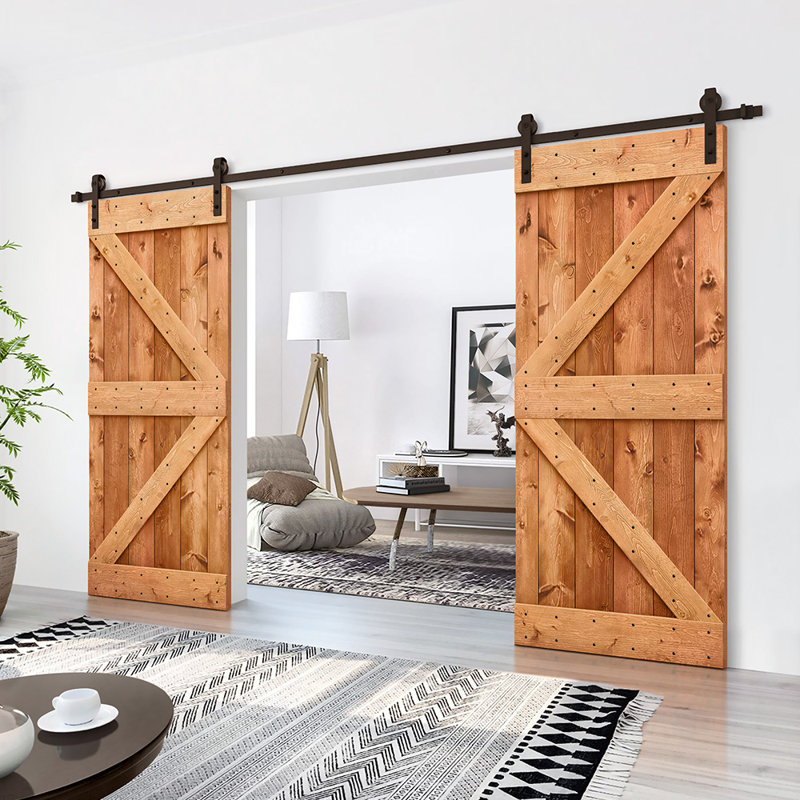Porte de grange double à panneaux en bois teinté K Series avec ensemble de quincaillerie coulissante, 72 po x 84 po