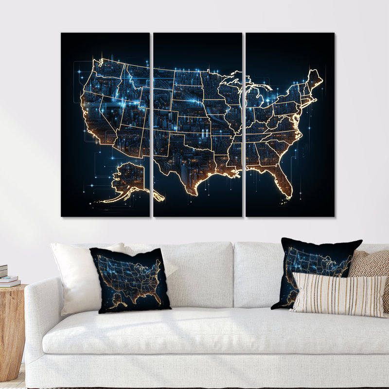 Carte des États-Unis, points lumineux - ensemble d'art sur toile, carte des États-Unis, Toile tendue, H 32 po x l 48 po