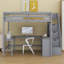 Lit mezzanine avec bureau intégré en forme de L et tablettes de rangement à trois niveaux, et escalier de rangement attaché-1735552749