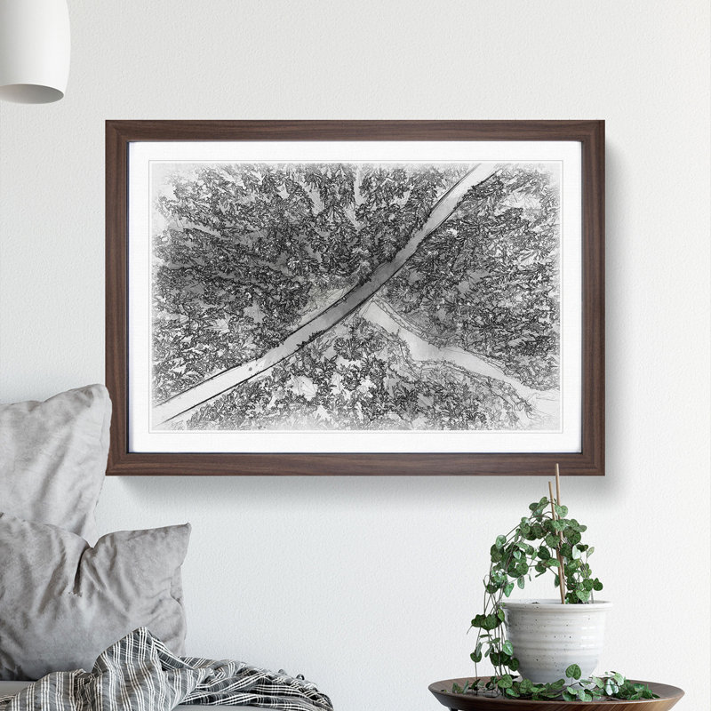 Road Through the Winter Forest Sketch - Picture Frame Graphic Art Print, 45cm H x 63cm W x 2cm D, Walnut Framed