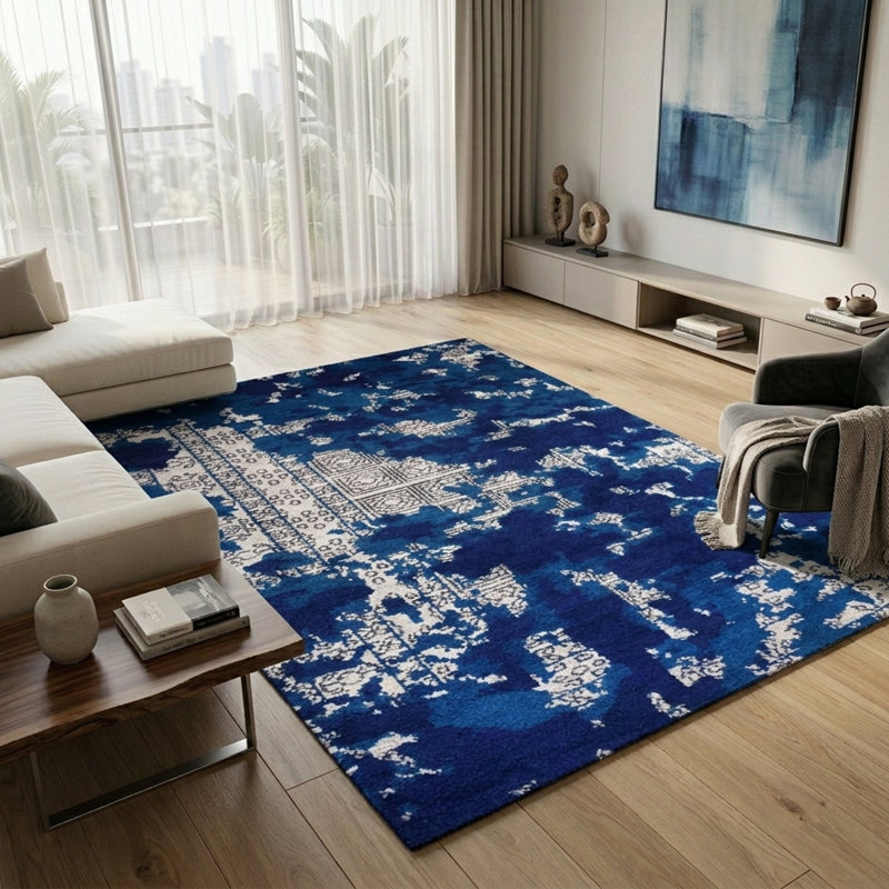 Bleu abstrait | Tapis intérieur beige en soie noué à la main, Rectangulaire 8 pi x 10 pi