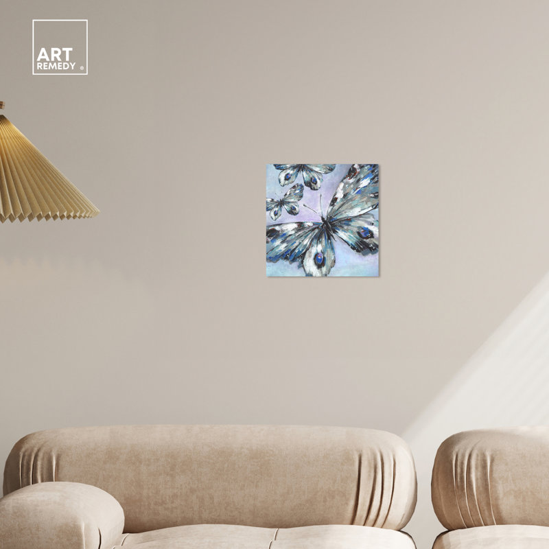 Blue and Gray Butterfly Trio Wrapped Canvas Wall Art, 12" x 12"