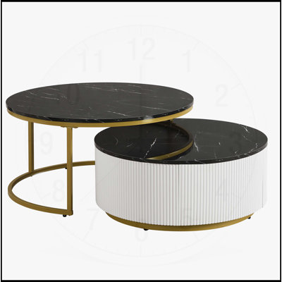 Modern Round Nesting Coffee Table with Fluted Design and Drawer in Gold, Perfect for Stylish and Functional Living Spaces