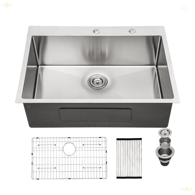 Évier à montage sur plan, évier de cuisine encastré 28 po x 22 po à cuve simple en acier inoxydable de calibre 16
