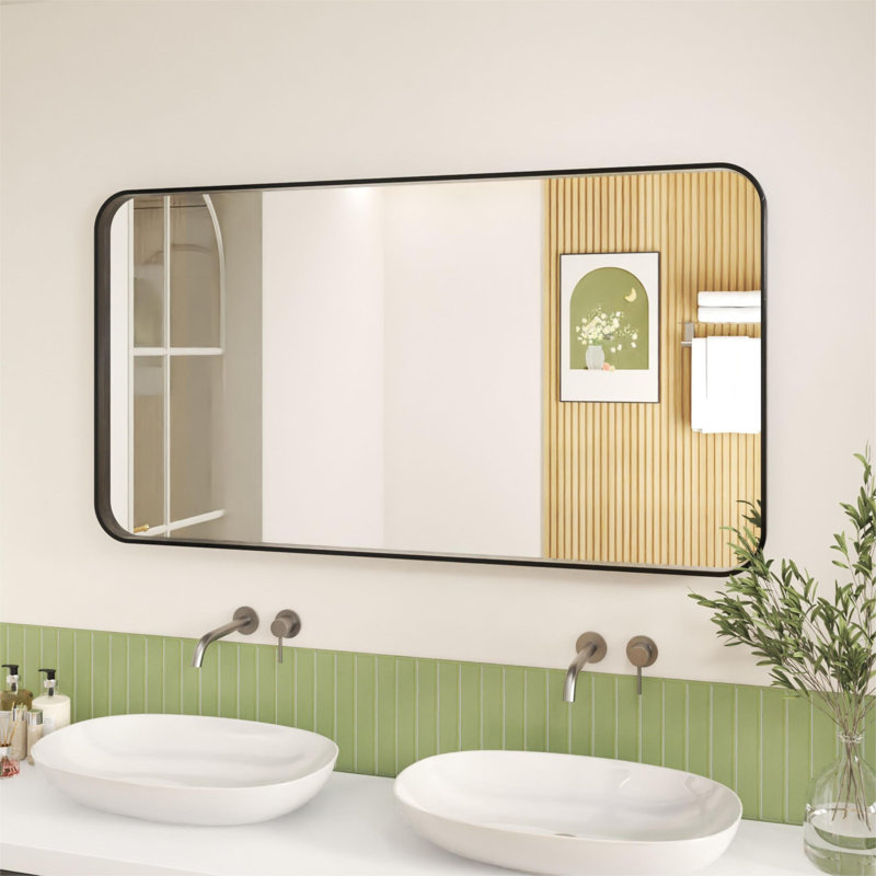Stylish Aluminum Framed Mirror with Rounded Corner for Elegant Home Decor, 55" x 30", Matte Black, Rectangle