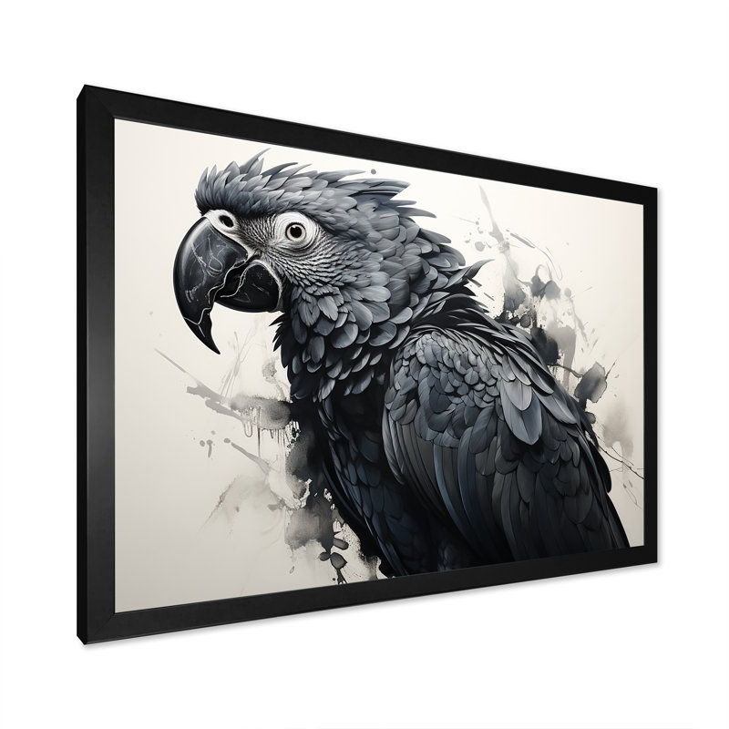 " Gray Parrot Feathered Elegance ", 12" H x 20" W x 1" D, Black Picture Frame