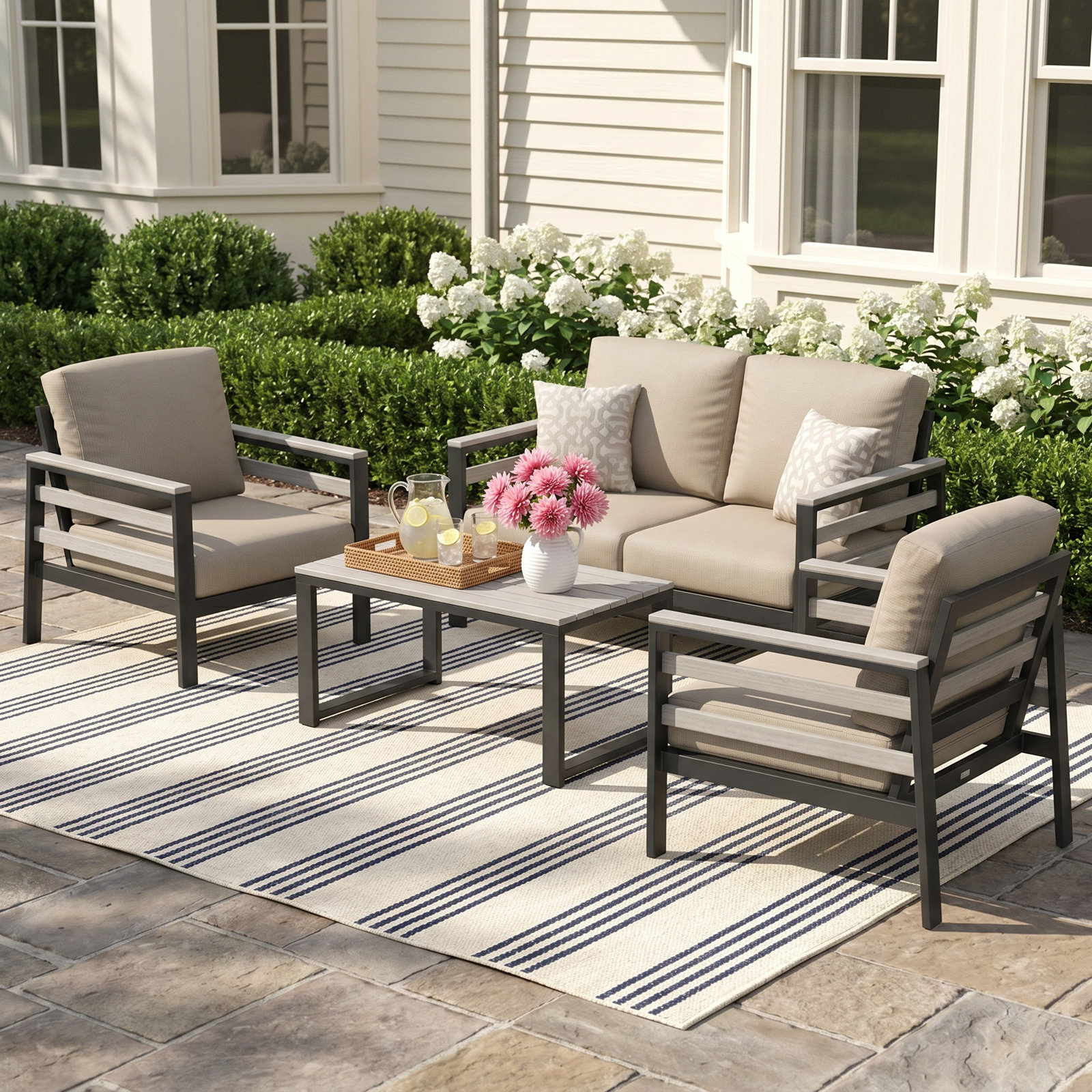 Townsend - Person Patio Conversation Set with Cushions, Cast Silver Sunbrella®