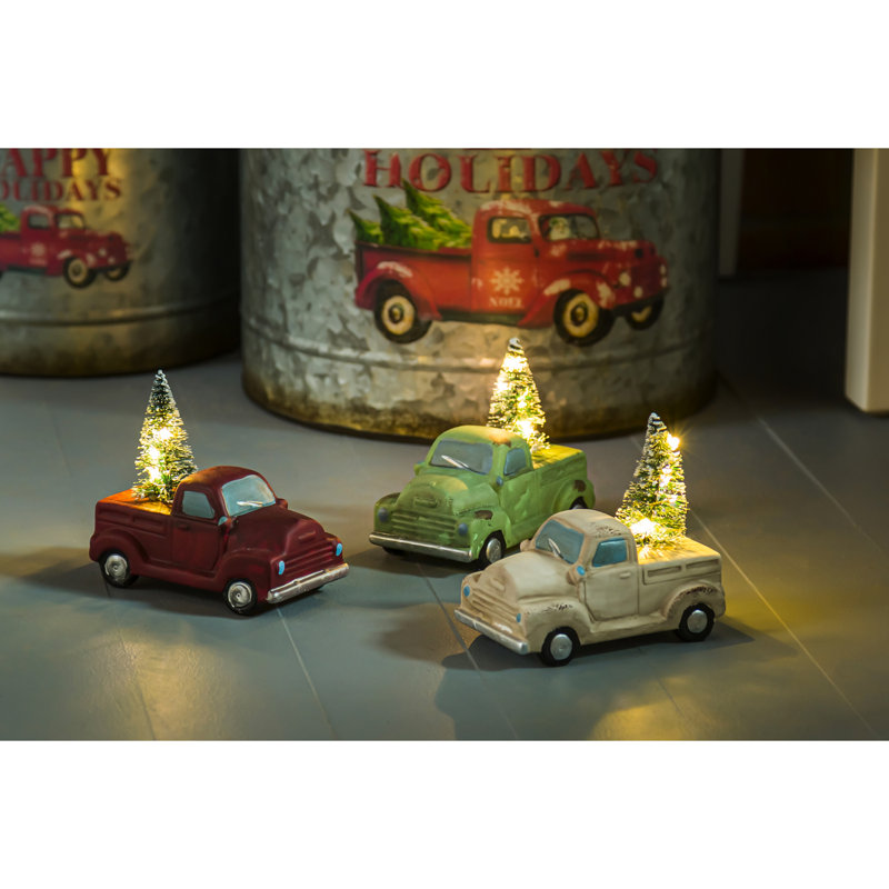 Statut en céramique du camion de fêtes avec arbre lumineux, Blanc