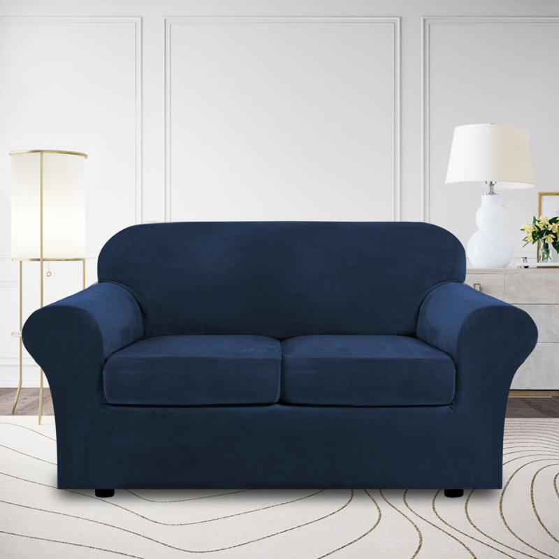 Housse pour causeuse extensible en velours doux 3 pièces pour canapé à 2 coussins Lavable à la machine, Marine