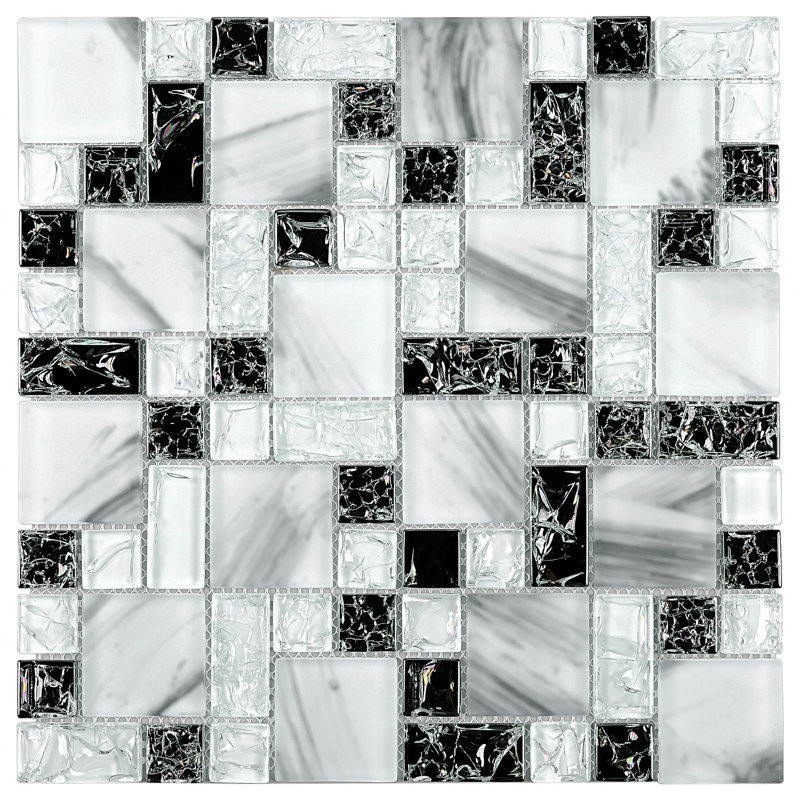 Crackle 11.75'' X 11.75'' Glossy Glass Subway Tile, Gray/Black