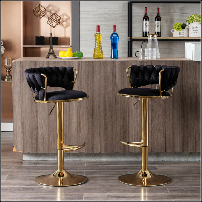 Ensemble de 2 tabourets de bar, avec repose-pieds chromé et base pivotante réglable en hauteur, Noir
