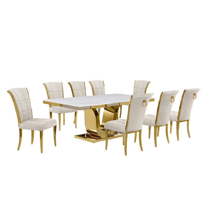 Horrace Marble Top Pedestal Dining Set, 9, Cream/Gold