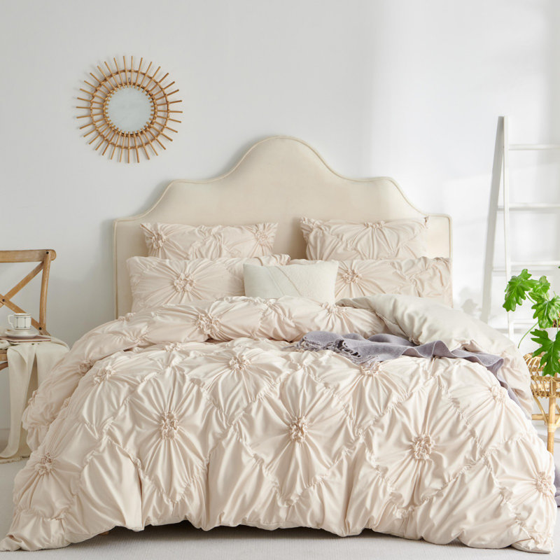 Ensemble de housse de couette plissée Nayoroom, Beige, Housse de couette double + 2 taies d'oreiller stan