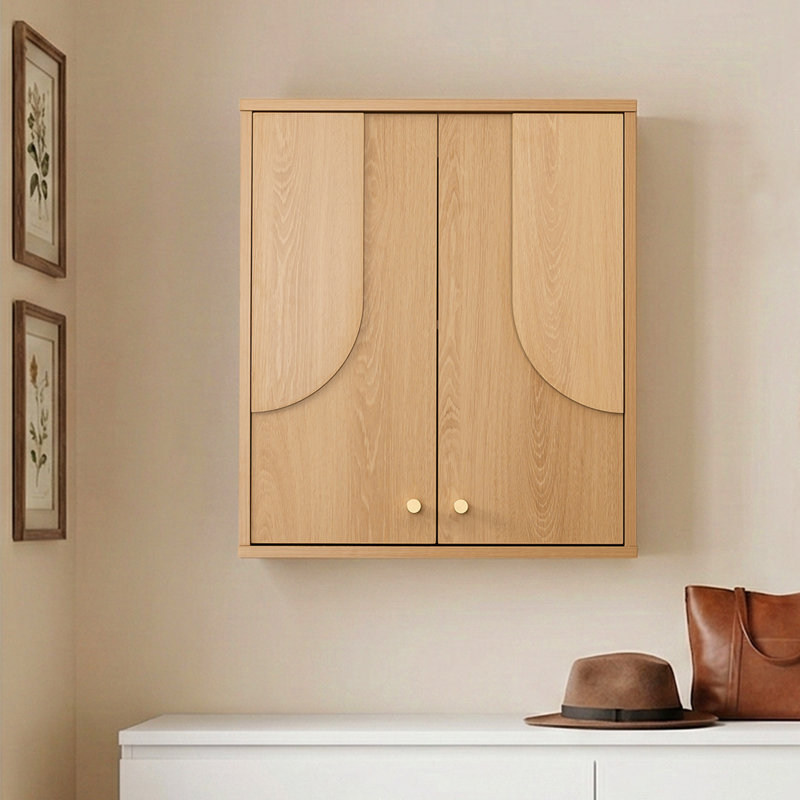 Armoire de rangement murale arquée de 21 po de largeur japonaise 21 po, organisateur de salle de bain 2 portes avec charnières à fermeture en douceur et tablette réglable, chêne naturel
