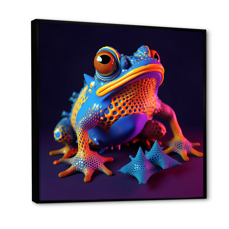 3D Neon Frog I - reproduction sur toile, 24" H x 24" W, Cadre flottant noir