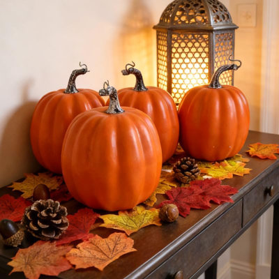 Citrouilles artificielles, 14 PCS citrouilles blanches, citrouilles en plastique, grandes citrouilles pour l'automne, action de grâce, Halloween, décoration saisonnière des fêtes (4 pièces, orange vif)