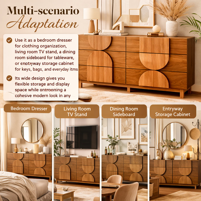 60"W 6 - Drawer Dresser, Brown