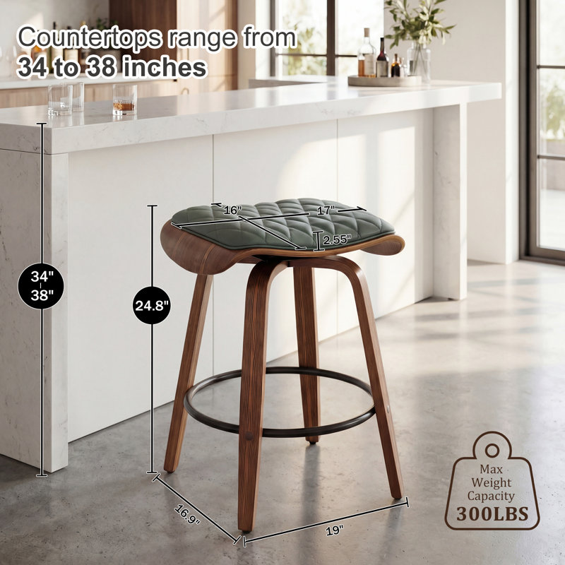 Deering Modern Upholstered Faux Leather 360° Swivel Stool with Curved Wood Legs, Green