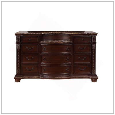 1Pc Marble Top 11 Drawers Dresser Intricate Moldings Beautifully Curved Silhouette Brown Dark Cherry Finish Bedroom Solid Wood Furniture