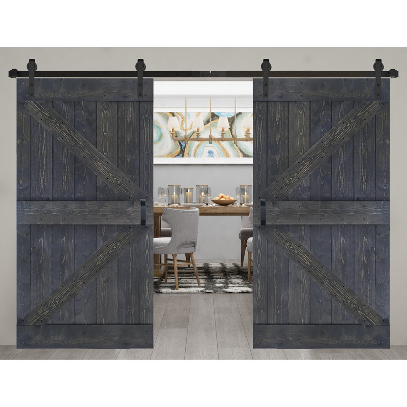 Porte de grange coulissante double en bois massif de style K avec ensemble de quincaillerie - Assemblage requis, Gris carbone
