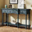 Console Traditional Traditional - 3 tiroirs à fermeture en douceur et tablette inférieure, structure en bois massif, pieds romains tournés, poignées en cuivre rétro, bleu pour le vestibule / le couloir / le salon-129021048