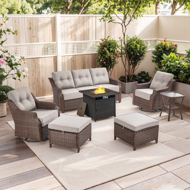 Circlarmino 7-Piece All-Weather Outdoor Wicker Square Fire Pit Conversation Set With Swivel Gliders, Ottomans And Side Table For Patio