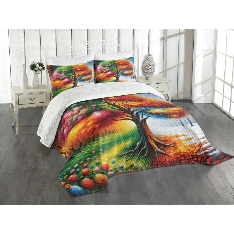 Colorful King Size Polyester Bedspread Set with Tree Design