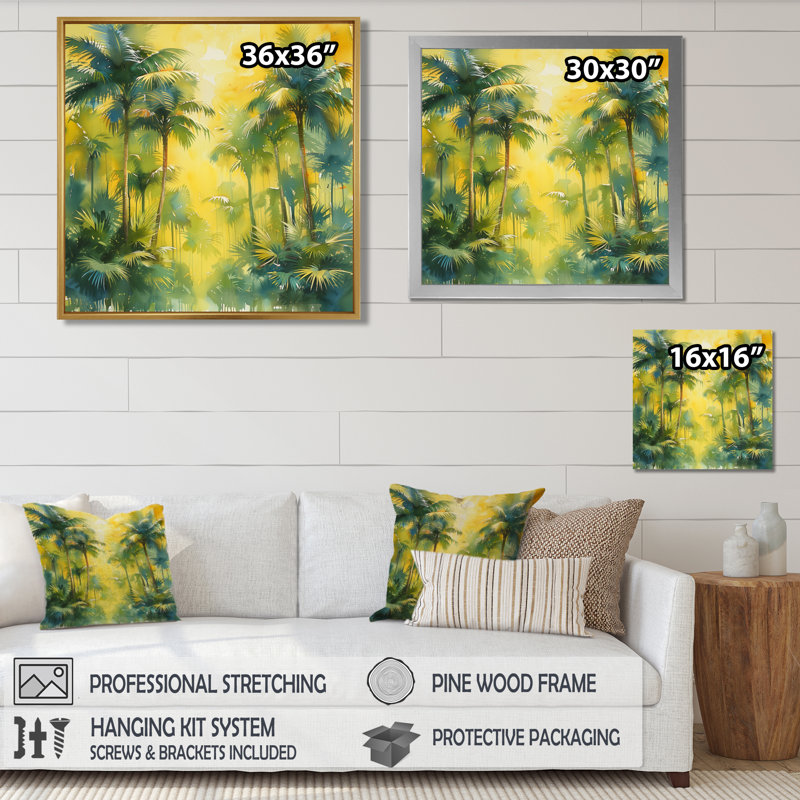 Jaune jaune vert palmiers Frond Dance III - palmiers et palmiers, art mural, Cadre simple noir, H 16 po x l 16 po