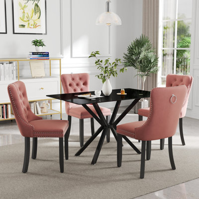 Modern Rectangle Tempered Glass Pedestal Dining Set with Velvet Tufted Dininig Chair