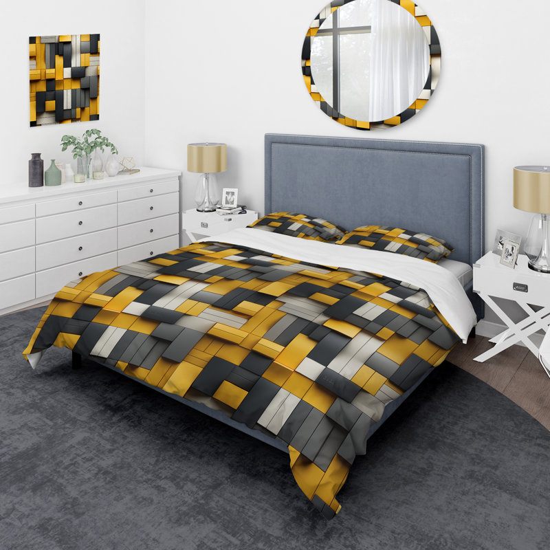 Ensemble de housse de couette jaune et gris en microfibre Harmony I, Housse de couette pour grand lit et 2 taies décor