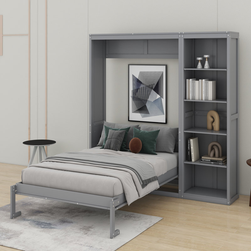 Lit escamotable double pleine grandeur avec tablettes, gris, Double