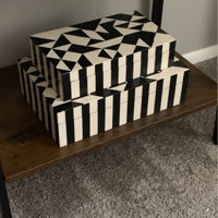 Finnley 2 Piece Set Storage Boxes - 10 & 12 Black and White Herringbone Polyresin Decorative Keepsake Boxes for Storage, Jewelry, Gift Idea Willa AR