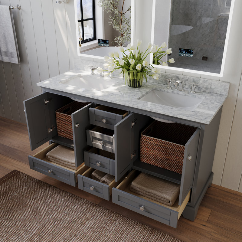 Audrey 66'' W Double Vanity, Sapphire Gray | Brushed Nickel, Carrara White