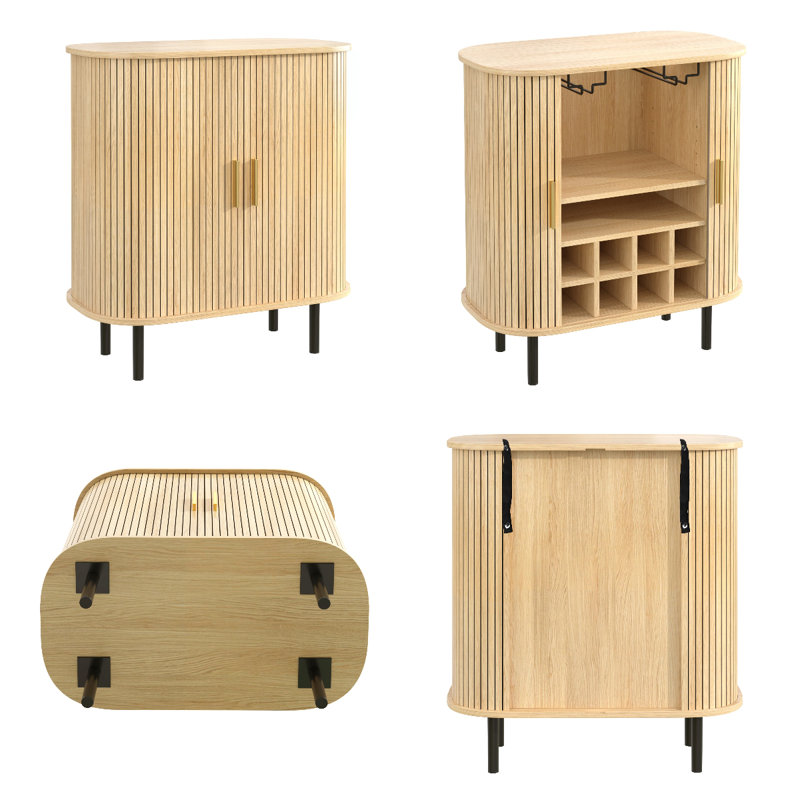 Modern Farmhouse Bar Cabinet with Wine Rack & Glass Holder,  Kitchen Sideboard with Storage, Natural