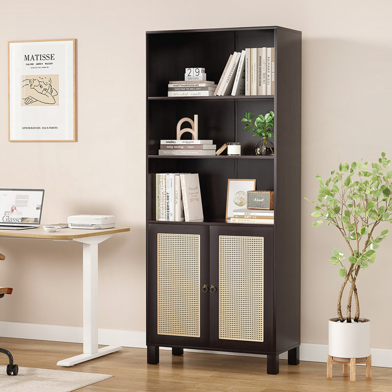 Stylish Rattan Doors Bookcase with Ample Storage, Versatile Design for Modern and Rustic Interiors., Walnut
