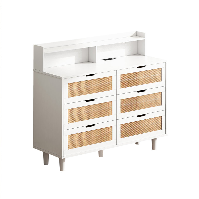43.31"6-Drawers Rattan Storage Cabinet Rattan Drawer With LED Lights And Power Outlet